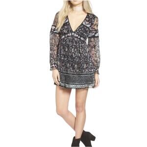 Free People Black Cherry Blossom Long Sleeve Mini Dress Lace Embroidery Size XS